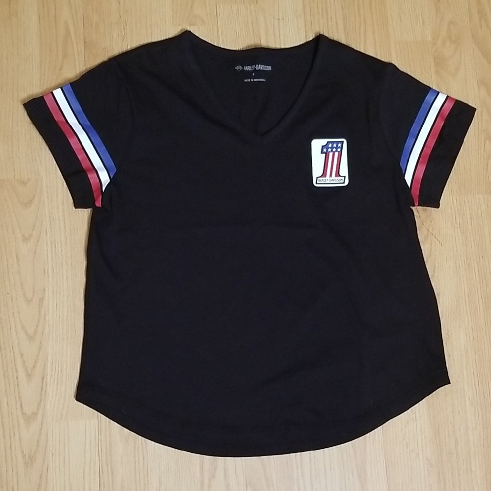Harley-Davidson Black Tee with Red, White, and Blue Stripes